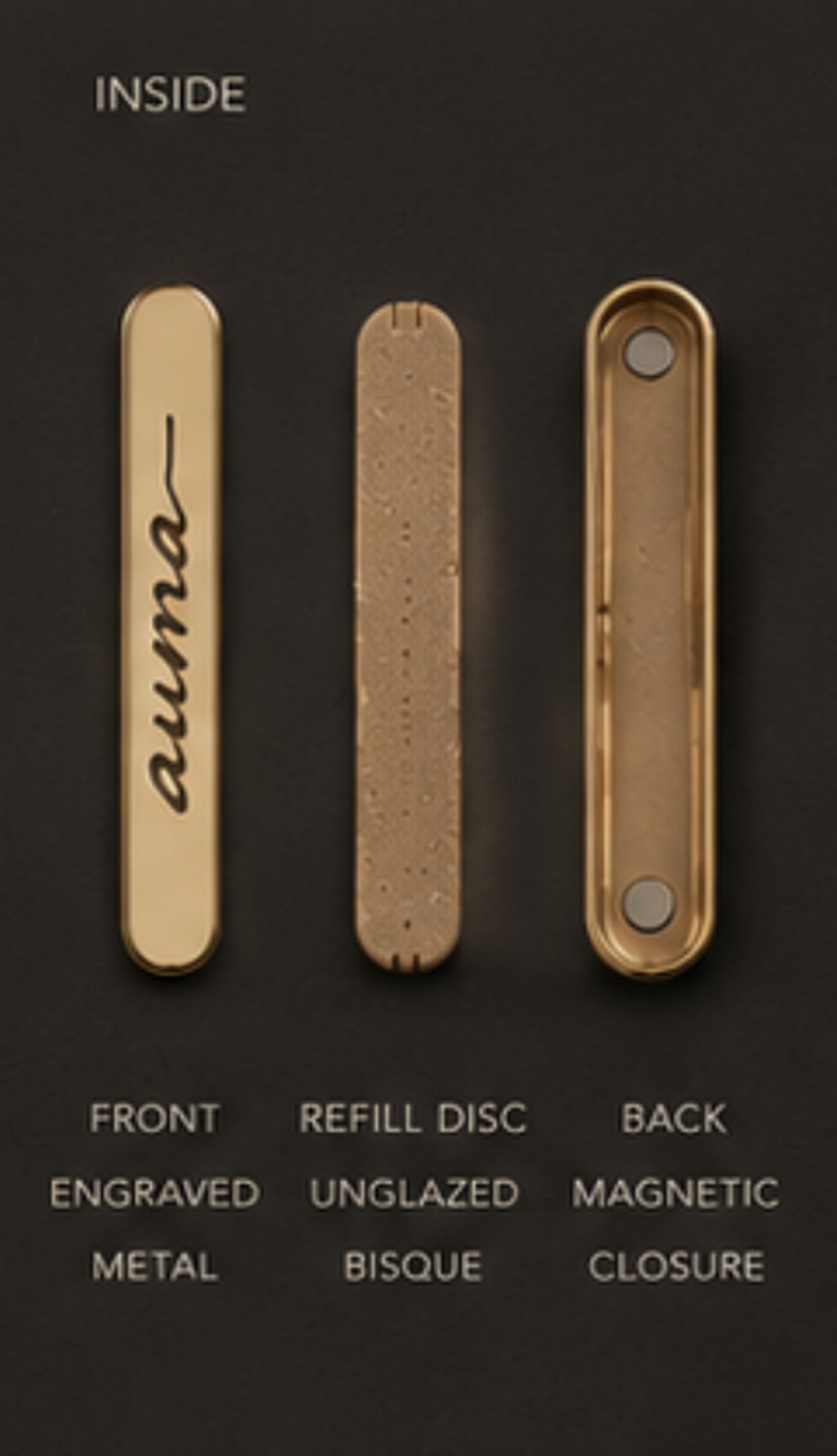 Inside the pendant: engraved metal front, unglazed bisque refill disc, magnetic back