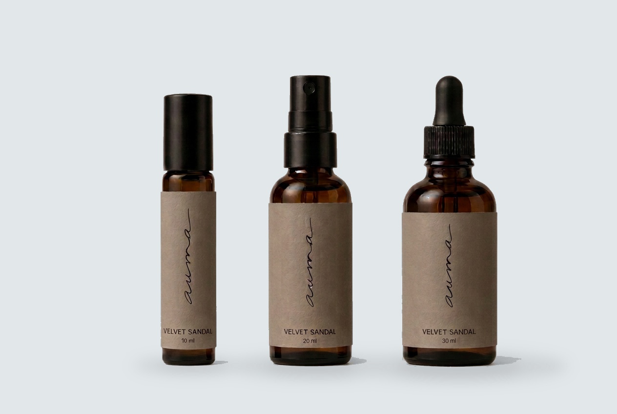 Velvet Sandal perfume oil in roller, dropper and elixir bottles